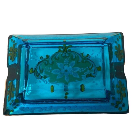 Italian Glass Ashtray Ornate Blue Gold Floral Made in Italy Vintage - Picture 5 of 11